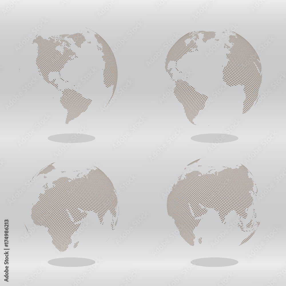 Poster abstract set of globes with dotted map. color vector illustration.