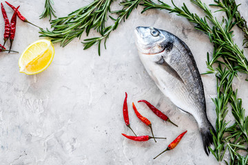 Fresh dorado fish ready to cook on grey background top view copyspace