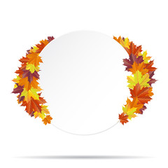 Round autumn paper banner decorated with vivid maple leaves. Vector illustration.