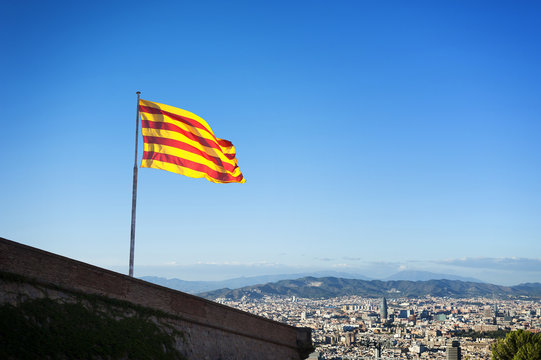 Catalan Flag over Montjuic Castle in Barcelona