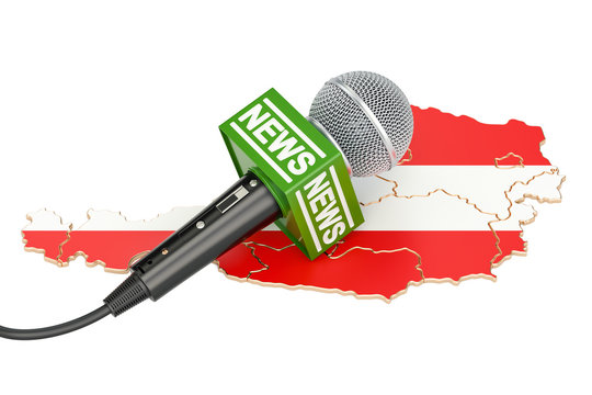 Austrian News concept, microphone news on the map of Austria. 3D rendering