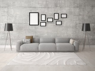 Mock up a comfortable living room with a stylish sofa on the hipster background.