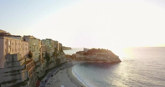 Aerial, drone view of the town Tropea in Calabria. Coast at the evening, sunset time.