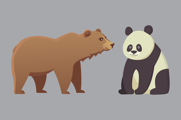 Collection with different cartoon bears isolated on white background. Vector broun and black american bear. Set Wildlife or zoo grizzly.