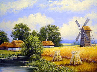 Obrazy na Szkle  Oil paintings, rural landscape.Harvesting, stacks
