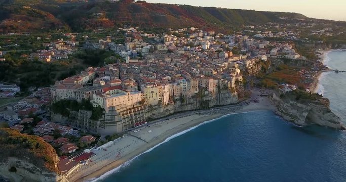 Aerial, drone view of the town Tropea in Calabria. Coast at the evening, sunset time.