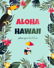 Tropical Hawaiian Poster with toucan. Party template. Invitation, banner, card.