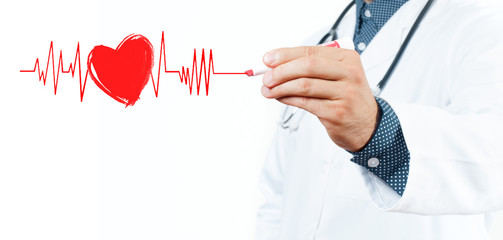 Male doctor drawing heart symbol and chart heartbeat