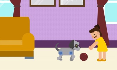 Young girl playing at home with robotic dog toy. Robotics technology concept illustration vector.