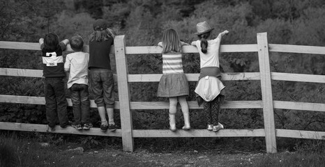 kids leaning on a fence and pointing