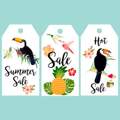 Set of banners with Hawaiian elements and toucans
