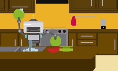 Domestic robot washing dishes in the kitchen. Personal robot housekeeping futuristic concept illustration vector.