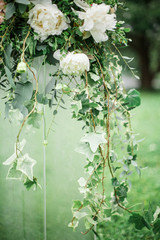 flowers for wedding arch with wedding decoration and river view