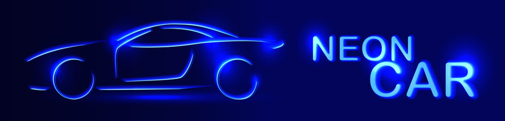 Neon Blue Car. Vector Logo. Linear auto illustration on a black background.