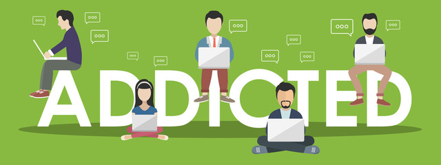 Social media concept. Addicted people concept. Illustration of young people using lap tops. Flat design of people addicted to gadgets sitting on letters.