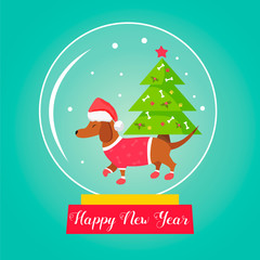 Fototapeta na wymiar Snow glass ball with dachshund inside. Christmas greeting card