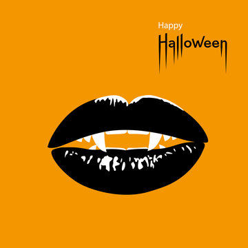 Happy Halloween card. Vampire's mouth with sharp fangs on orange Halloween background. Vector Illustration