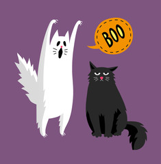 Cute halloween ghost and black cat