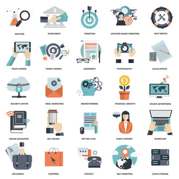 Set of flat design icons for business, pay per click, creative process, searching, web analysis, work-flow, on line shopping. Icons for website development and mobile phone services and apps.
