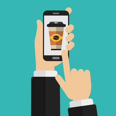 Hand holding smart phone with disposable coffee cup on the screen. Order food and drink concept. Flat vector illustration.