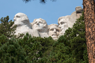 Four heads of Mount Rushmore over trees