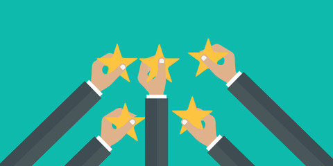 Hands holding rating star. Feedback recognition concept. Flat vector illustration
