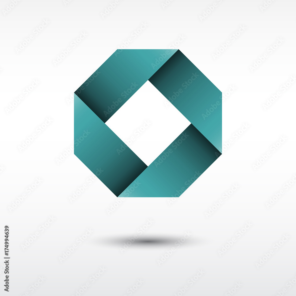 Poster modern geometric infinite square loop logo with shadow. origami style icon in aqua color.