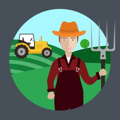 Farmer worker with hat and pitchfork. 