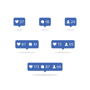 Social media notifications with heart, comment and follower icons in blue colors. Illustration of social media communication and reactions