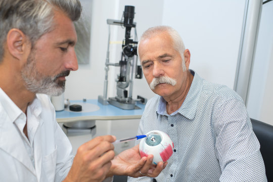 mature ophtalmologist showing eye mockup to senior patient