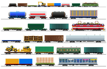 Cargo train cars set, isolated on white, vector