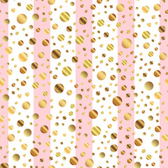 Golden dots seamless pattern on pink striped background. Neat gradient golden dots endless random scattered confetti on pink striped background. Confetti fall chaotic decor. Modern creative pattern.