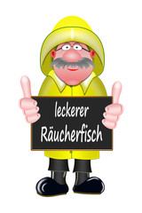 Leckerer Räucherfisch, Fischer mit Schild, weißer Hintergrund