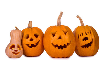 Halloween pumpkin, five funny faces, isolated on white background
