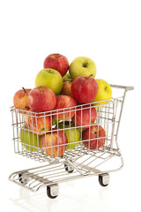 Shopping cart with green and red apples