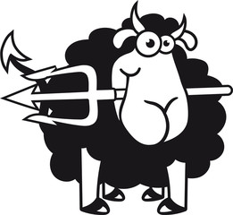 schwarz böse teufel dämon dreizack hölle freundlich hunger grinsen stehend glücklich lustig klein süß niedlich comic cartoon schaf ziege wolle bauer bock cool