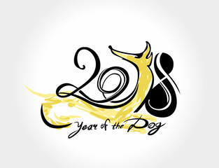 Year of the Dog. 2018. Styling for an ink drawing. Vector handwritten template.