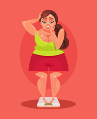 Sad unhappy overweight woman character standing on scale. Vector flat cartoon illustration 