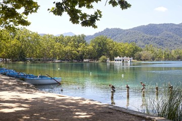 Fototapeta na wymiar Bañola lake with ducks, boats and a fishery