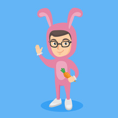 Little caucasian boy wearing a rabbit costume and holding a carrot. Happy child dressed as a rabbit waving hand. Vector cartoon illustration. Square layout.