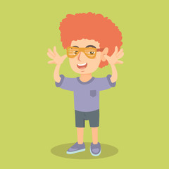 Little caucasian boy wearing clown wig with red curly hair and glasses for party. Funny boy in clown wig making a grimace and teasing with his hands. Vector cartoon illustration. Square layout.