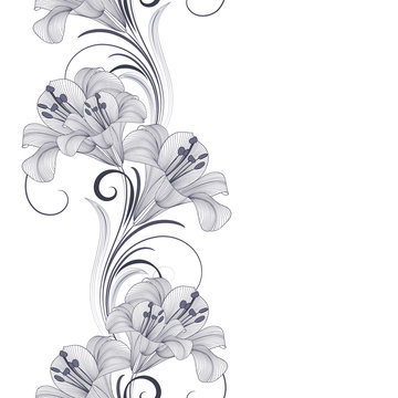 Hand-drawing monochrome seamless floral background with flowers lily. Element for design. 