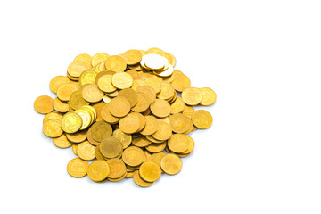 Columns of gold coins, piles of coins on white background