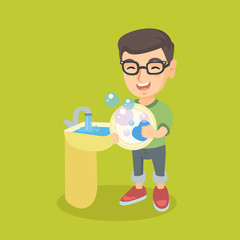 Happy little caucasian boy washing dishes in the sink. Smiling boy doing dishes and having fun with helping his parents with housework. Vector cartoon illustration. Square layout.