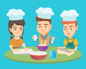 Caucasian children in chef hats preparing the dough and baking cookies. Cheerful kids enjoying the process of making cookies. Boys and girl cook cookies. Vector cartoon illustration. Square layout.
