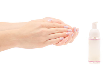 Female hand antiseptic hand foam