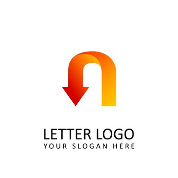 letter N logo template orange round ribbon with arrow head