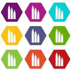 Three pencils icon set color hexahedron