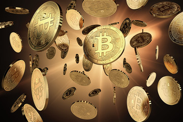 Scattered Bitcoins on a lighted background. Success and growth concept. Perfect for covers, posters, banners and other advertising projects. 3D rendering