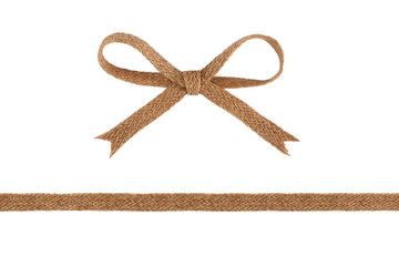 Burlap woven ribbon and bow isolated on white background